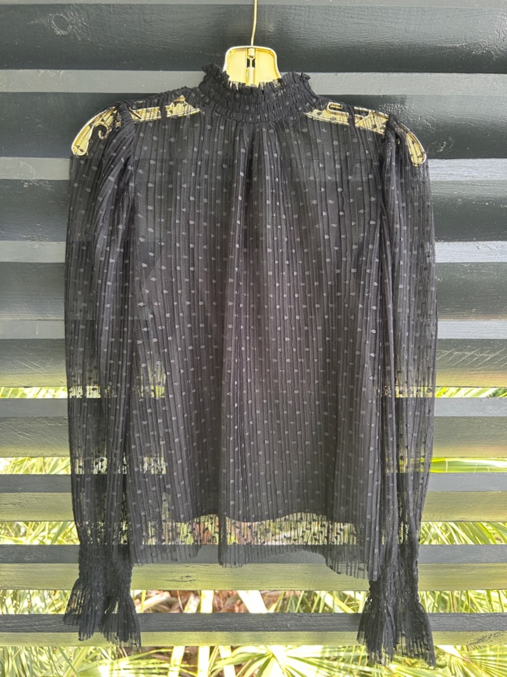 1. State Black Sheer Swiss Dot High-Neck Blouse